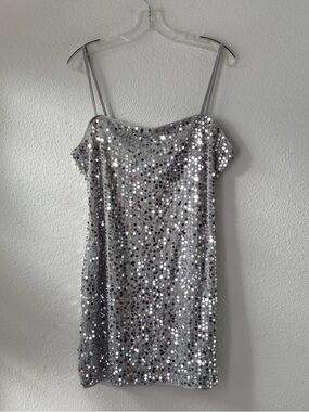 H&M Divided Mini Dress Silver Sequin Mesh Slip Large NWT